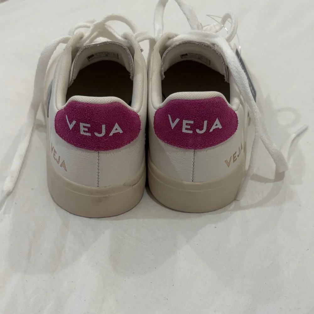 Veja White Leather Sneakers with Pink Heel Tab - Picture 3 of 6